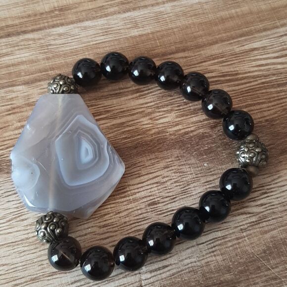 Agate & Smoky Quartz Beaded Stretch Bracelet - Picture 3 of 6